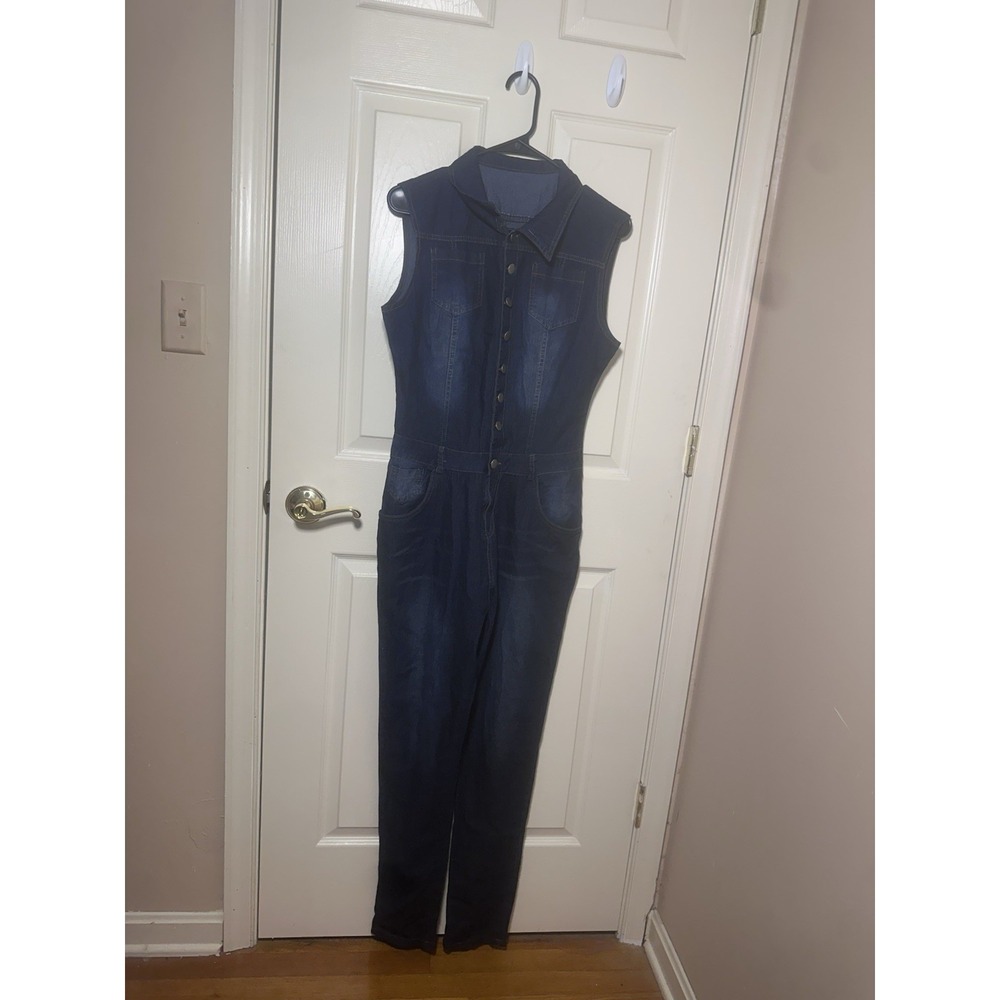 Womens Dark Wash Denim Sleeveless Button Front Jumpsuit Large Straight Leg